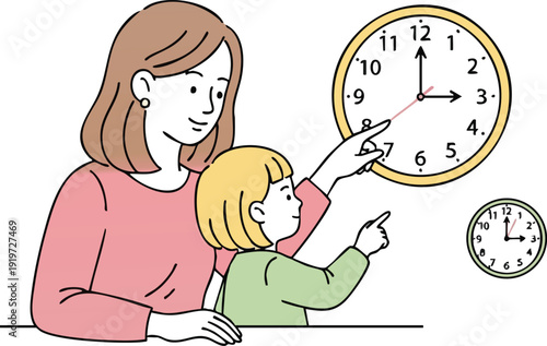 Vector art mother teaching young child to tell time pointing at large wall clock with focused expressions simple educational concept with pastel colors and clear lines