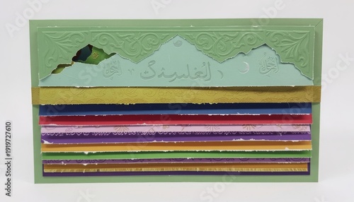 Colorful fabric layers arranged in a green box with mountain design