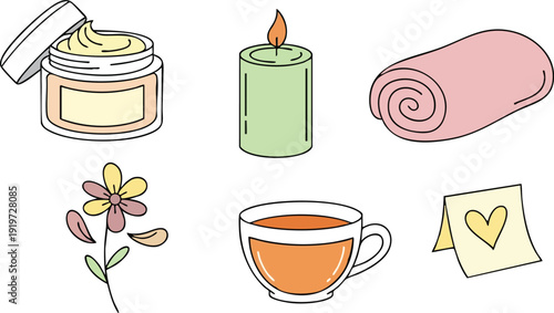 Minimalist vector art of cream jar candle flower tea cup rolled towel and sticky note with heart symbol isolated on white background simple pastel colors wellness and relaxation theme