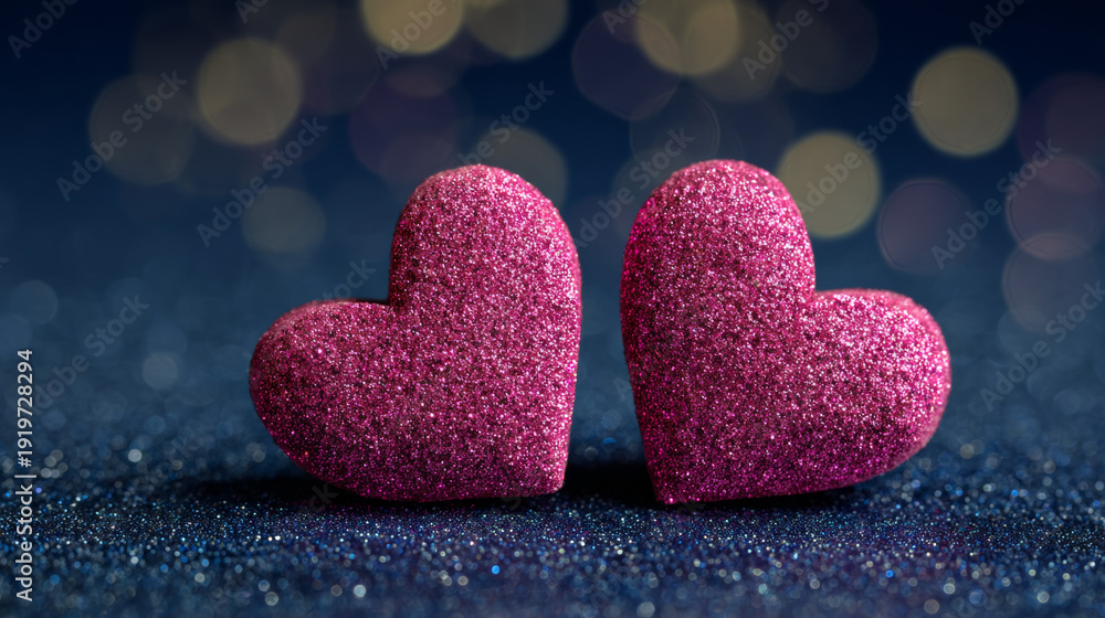 Obraz premium Two pink glitter hearts with textured, sparkling surface resting on a dark blue, glittery background, symbolizing love and affection