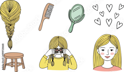 Hand drawn flat design illustration of girl with long blonde hair sitting on wooden stool braid hairstyle wearing yellow shirt holding brown comb green hand mirror and surrounded by hearts