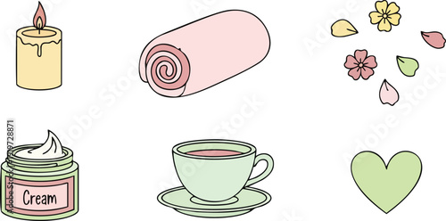 Minimalist flat design set with a lit candle rolled towel floral petals cream jar cup of tea and green heart symbol in soft pastel colors on white background