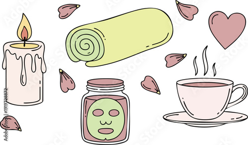 Minimalist illustration of spa essentials with lit candle rolled towel jar with face mask cup of hot tea heart and scattered flower petals in soft pastel colors