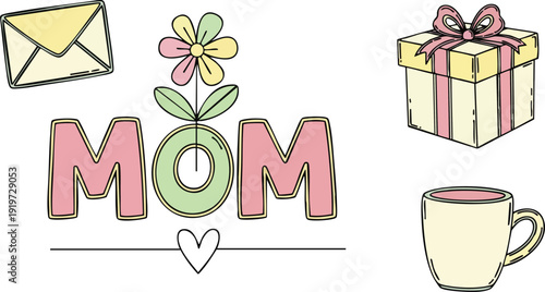 Colorful pastel minimalist illustration with mom text flower gift box cup and envelope for mothers day celebration greeting card design