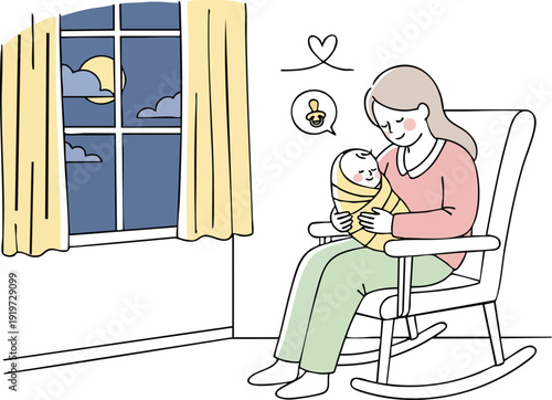 Minimalist vector art of a mother gently holding a swaddled baby while sitting on a rocking chair by the window with night sky and curtains in soft muted colors calm mood