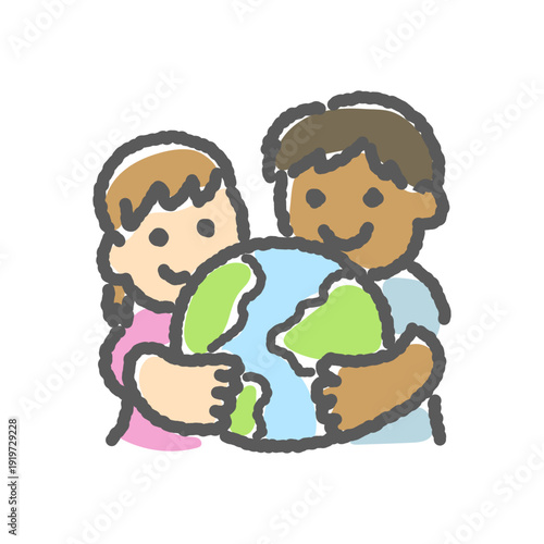 手描き風 子どもが抱く地球アイコン｜Children Protecting Earth Sustainability Illustration