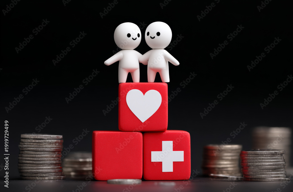 Fototapeta premium Two simple white cartoon figures with smiling faces standing on top of stacked red blocks with heart and medical cross symbols, surrounded by coins, representing love and