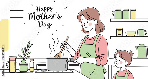 Minimalist vector art of smiling mother in green apron stirring pot on stove with daughter watching in modern kitchen with pastel color kitchenware happy mothers day celebration scene