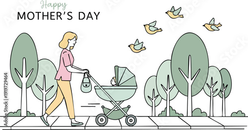 Minimalist vector art woman pushing baby stroller walking on city sidewalk under green trees with flying birds happy mothers day greeting card design