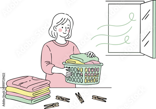 Minimalist vector art of a smiling woman folding laundry near open window with fresh breeze and colorful towels on table in bright cozy interior scene