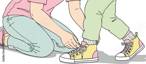 Colorful illustration showing adult tying yellow sneakers with pink details on child wearing green pants and white socks crouched on floor