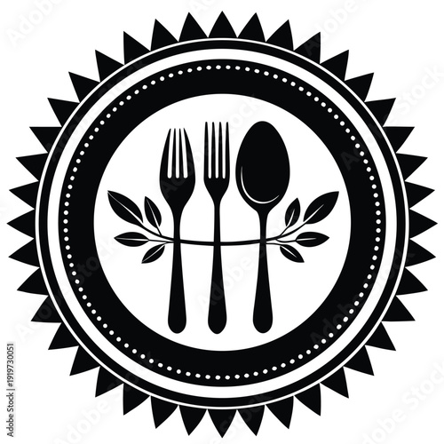 Black and White Graphic Illustration of a Gourmet Dinner Plate Setting