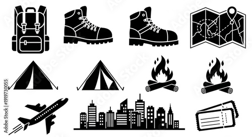 Travel and adventure icons set with cityscape camping gear and transportation symbols