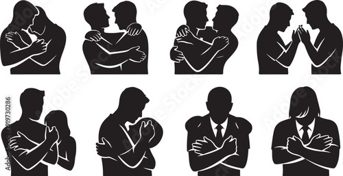 Silhouettes of people with crossed arms in various poses