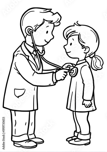 Doctor examining the child's lungs with a stethoscope coloring page