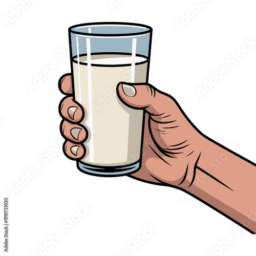 Hand is holding up a tall clear glass filled with white dairy beverage against white background.