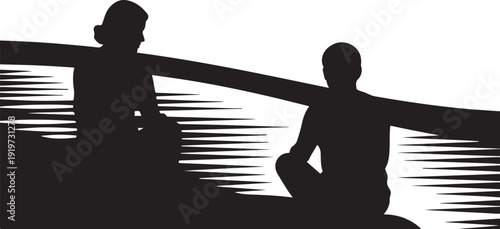 Silhouette of two people sitting by calm water reflection