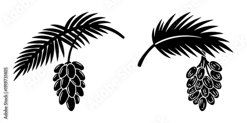 Black silhouette icons of date fruit on palm branches for Ramadan iftar and organic food branding