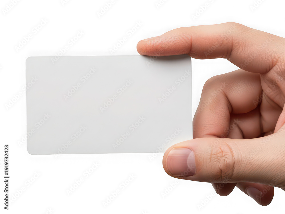 Obraz premium Hand holding a blank white card isolated on a transparent background 1