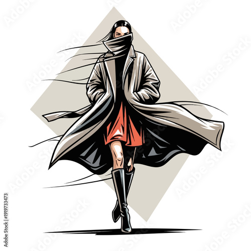 Oversized Fashion Coat Flowing in Wind with Stylized Movement Lines, Modern Editorial Vector Illustration