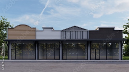 Fotografia Modern Commercial Strip Mall Frontage with Multiple Retail Shop Units, Empty Sto