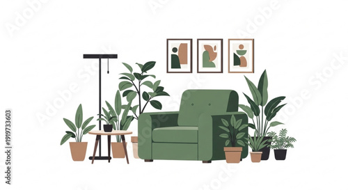 Cozy living room interior with green armchair plants and artwork on white background home decor concept