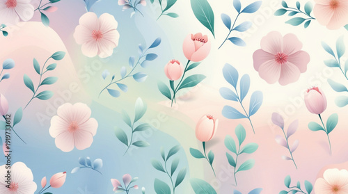 A beautiful floral pattern with pink flowers and green leaves on a pastel background