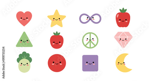 Colorful cartoon shapes on white background