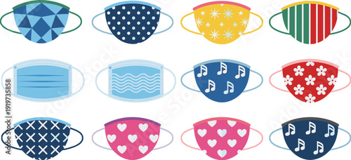 Colorful patterned face masks collection set, reusable fabric protective masks with geometric, polka dot, floral, heart and music designs, flat vector illustration isolated