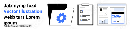 Workflow organization, data analysis, productivity tools, file management, digital processes, and user interface. Folder with a gear icon, clipboard checklist and dashboard. File management