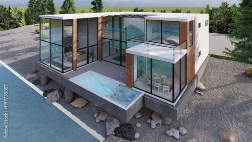 Modern Luxury Glass Villa with Swimming Pool and Jacuzzi by the Lake, 3D Render Architectural Visualization of Contemporary House Design
