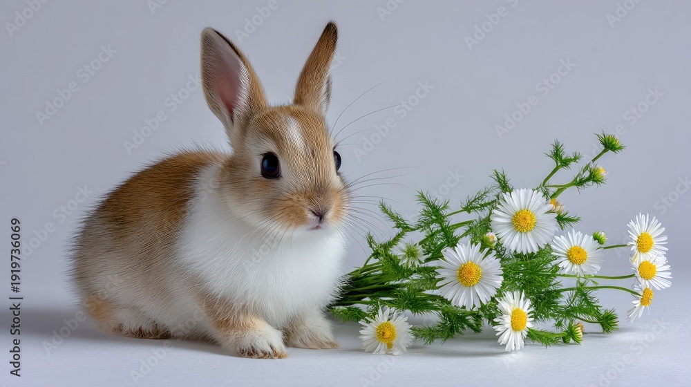 Fototapeta premium Adorable rabbit sitting next to fresh white daisies against a soft gray background, showcasing a charming and peaceful nature scene with delicate details