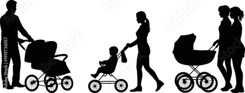 Family with baby stroller silhouettes, parents walking with pram and toddler tricycle, mother and father outdoor parenting scene isolated on white background