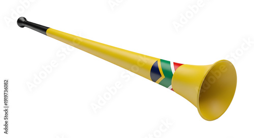A yellow vuvuzela with the South African flag on a black background