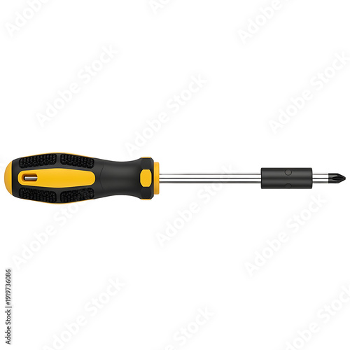 A screwdriver with a black and yellow handle on transparent background