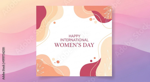 Happy international women's day card with colorful abstract design on pink background