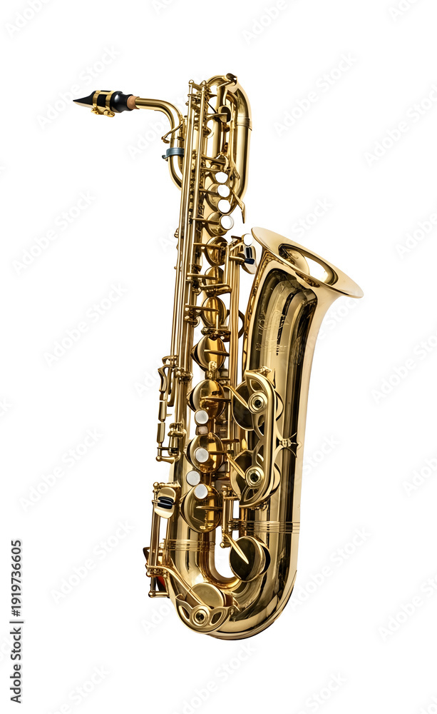 Obraz premium A shiny gold saxophone standing alone on a black background