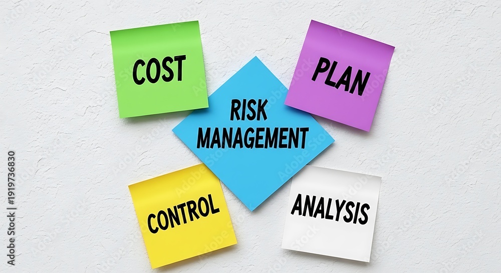 Fototapeta premium Risk Management Plan with Cost, Control, and Analysis on Sticky Notes, Business Strategy Concept