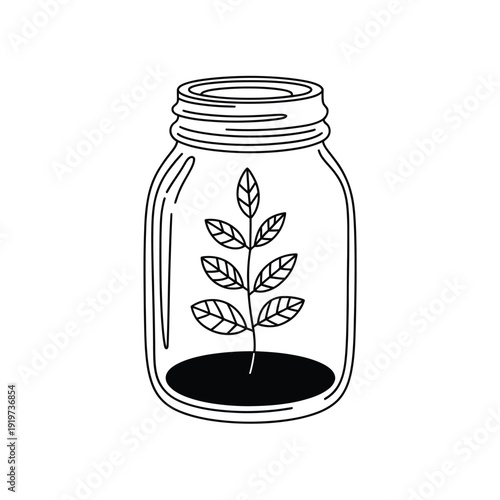 A simple line drawing of a plant growing inside a glass jar