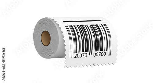 A roll of white thermal paper with a printed barcode and numbers on a white isolated background view