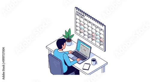 Man working on laptop at desk with calendar.