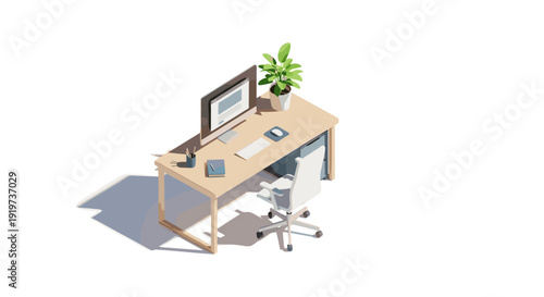 Modern Office Desk with Computer and Chair.