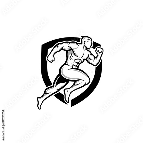 Muscular Man Running Inside Shield Logo.