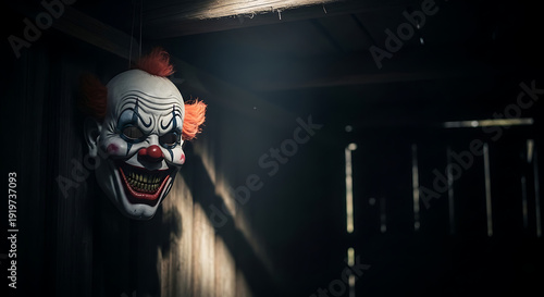A hanging clown mask with orange hair and a red nose in a dark room with a wooden ceiling and barred window