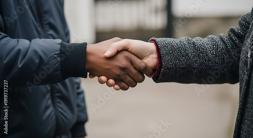 A close up shot of two people shaking hands wearing jackets with a blurred background outdoors