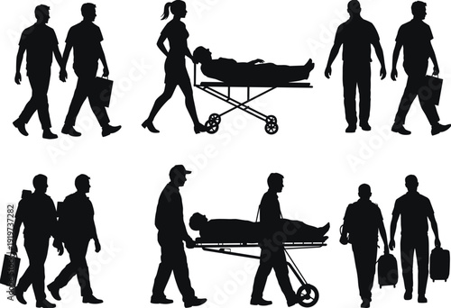 Paramedic and emergency stretcher silhouettes with walking medical staff, patient transport and healthcare workers vector illustration set isolated on white background