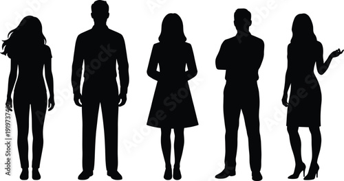 Vector silhouettes of professional diverse business people, corporate team standing in various poses for work colleagues and teamwork concept