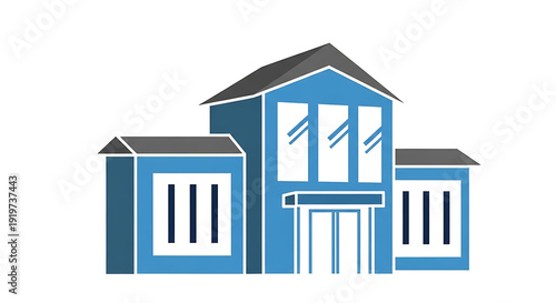 Illustration of a blue and gray building with multiple windows on a white background vector graphic