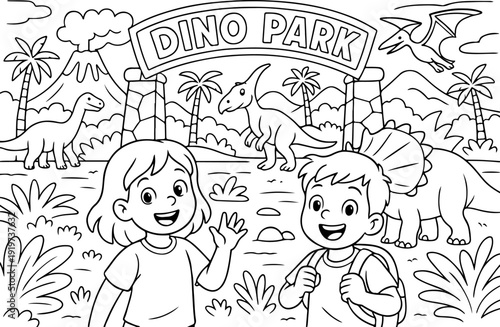 Dinosaurs Park hand drawn vector illustration doodle art line art coloring page for kids