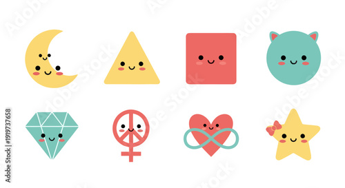 Cute cartoon shapes and symbols on white